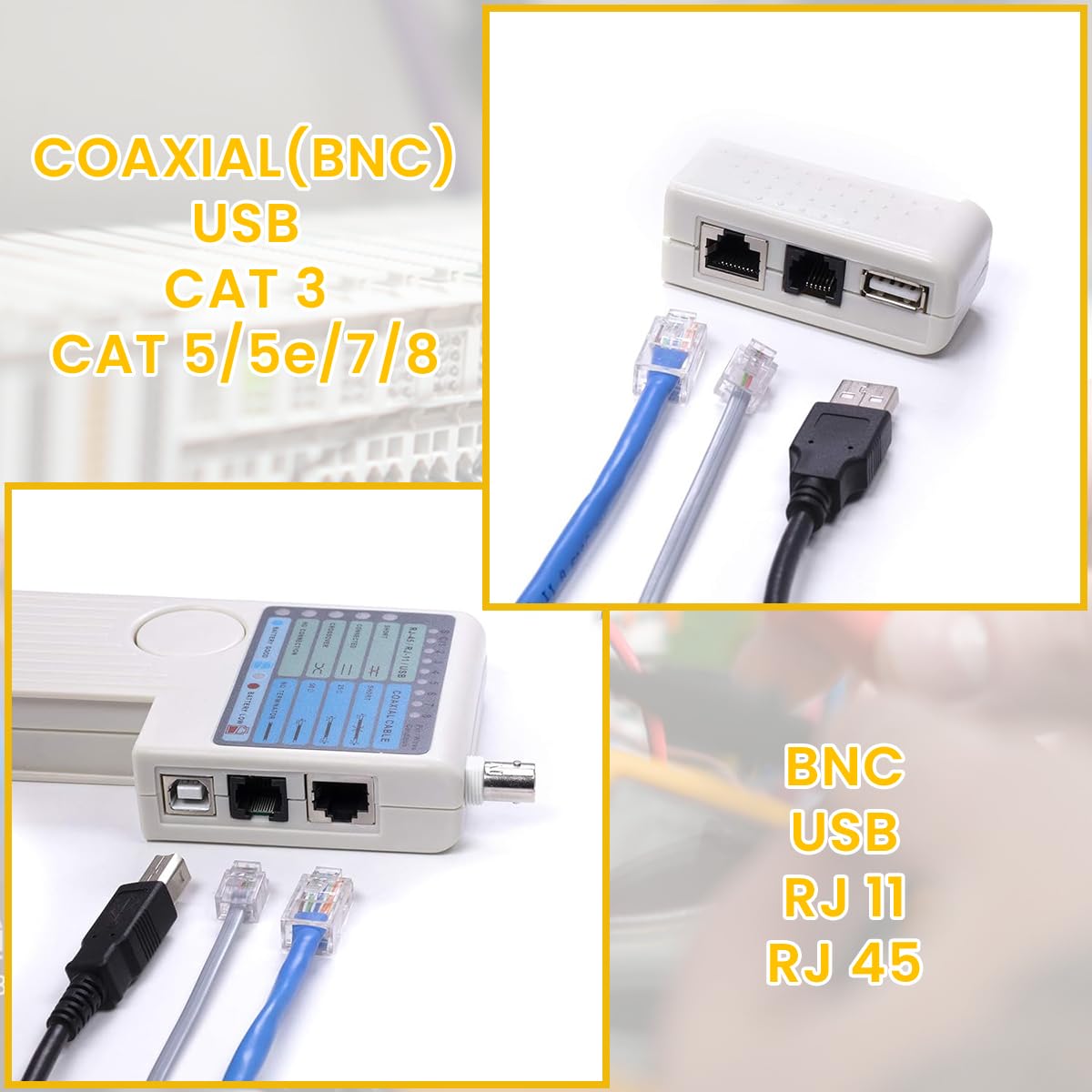 Serplex 4 in 1 Multi Network Cable Tester Tool, Universal Network Cable Tester Device for USB/BNC/Rj11/Rj45 LAN Cable UTP STP Wire Tester (Battery not included) Serplex 4 in 1 Multi Network Cable Tester Tool, Universal Network Cable Tester Device for USB/BNC/Rj11/Rj45 LAN Cable UTP STP Wire Tester (Battery not included)
